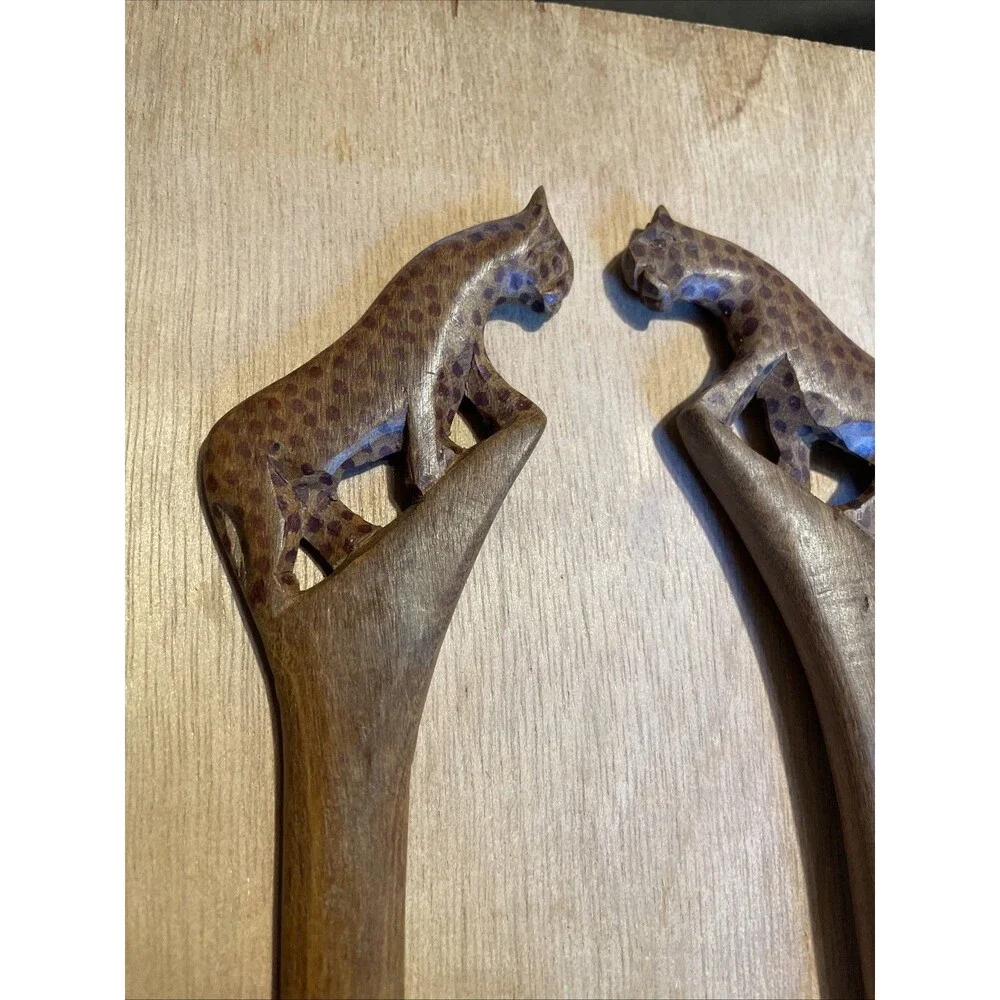 African Hand Carved Wood Spoon & Fork Salad Servers Vintage Estate Leopard Kenya